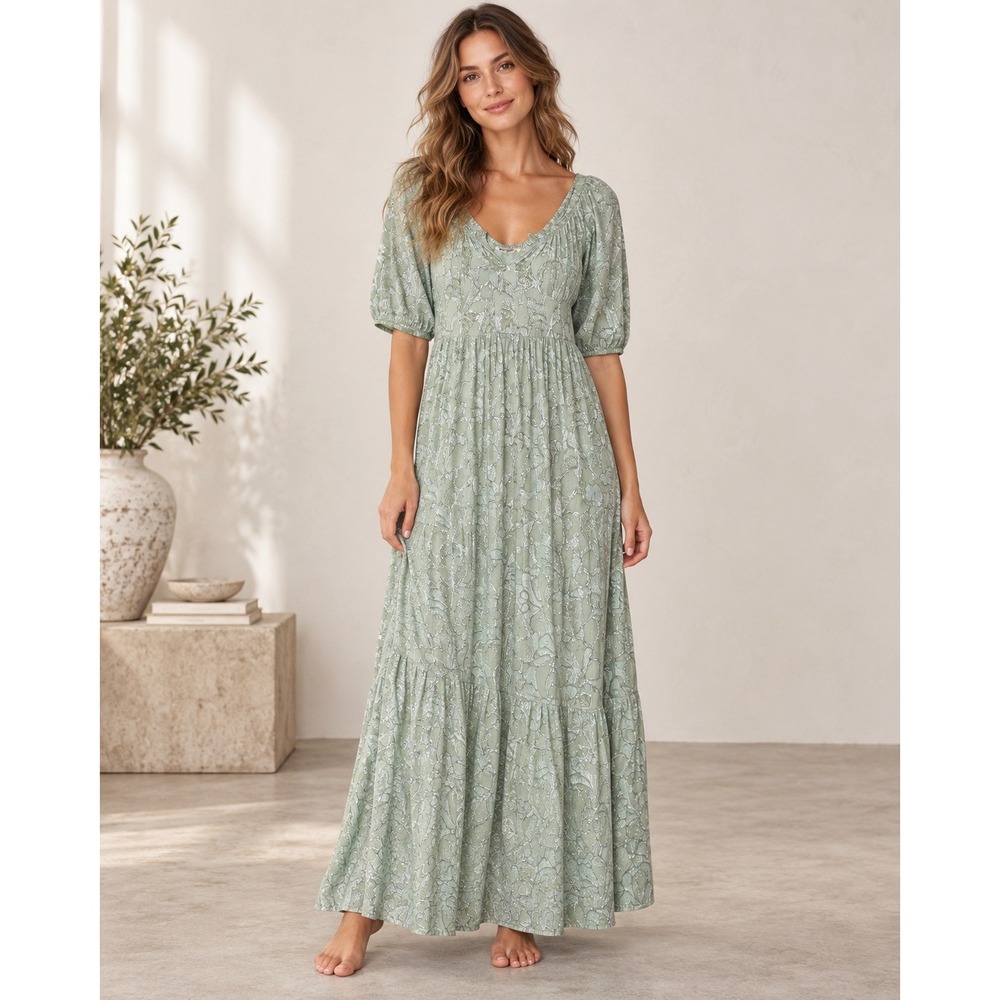 Roller Rabbit Sage Green Jacquard Midi Dress Small Puff Sleeve Tiered Cotton